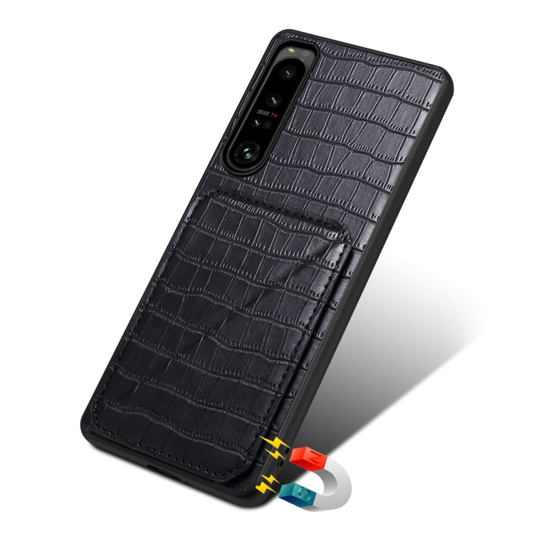 For Sony Xperia 1 V Denior Imitation Crocodile Leather Back Phone Case with Holder(Black) - Sony Cases by Denior | Online Shopping UK | buy2fix
