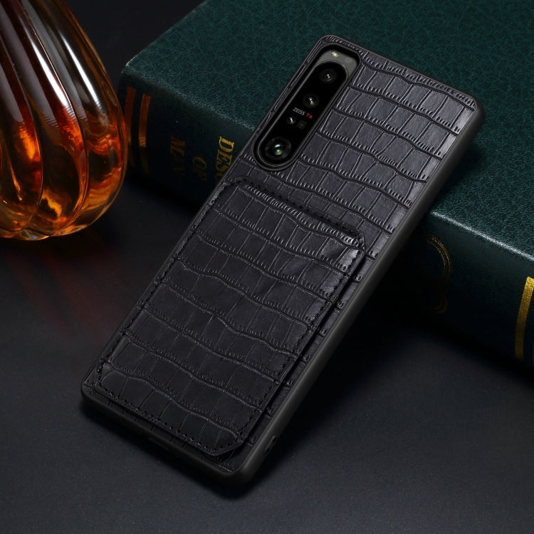 For Sony Xperia 1 V Denior Imitation Crocodile Leather Back Phone Case with Holder(Black) - Sony Cases by Denior | Online Shopping UK | buy2fix