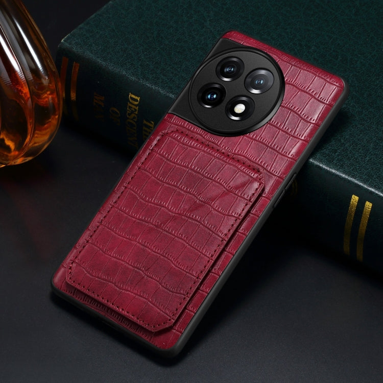 For OnePlus 11 5G Denior Imitation Crocodile Leather Back Phone Case with Holder(Rose Red) by Denior