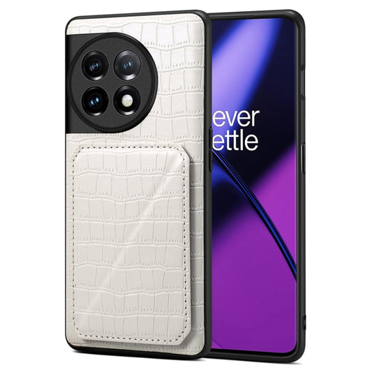 For OnePlus 11 5G Denior Imitation Crocodile Leather Back Phone Case with Holder(White) by Denior