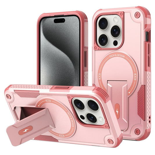 For iPhone 15 Pro Max Armor Magsafe Holder PC Hybrid TPU Phone Case(Pink) by buy2fix