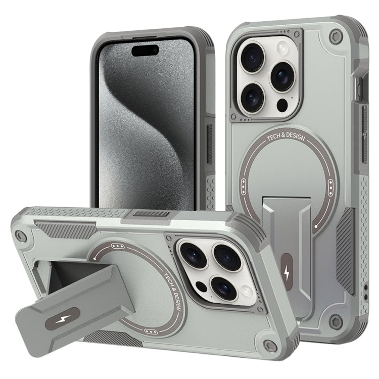 For iPhone 15 Pro Armor Magsafe Holder PC Hybrid TPU Phone Case(Grey) by buy2fix