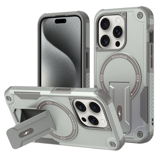 For iPhone 15 Pro Armor Magsafe Holder PC Hybrid TPU Phone Case(Grey) by buy2fix