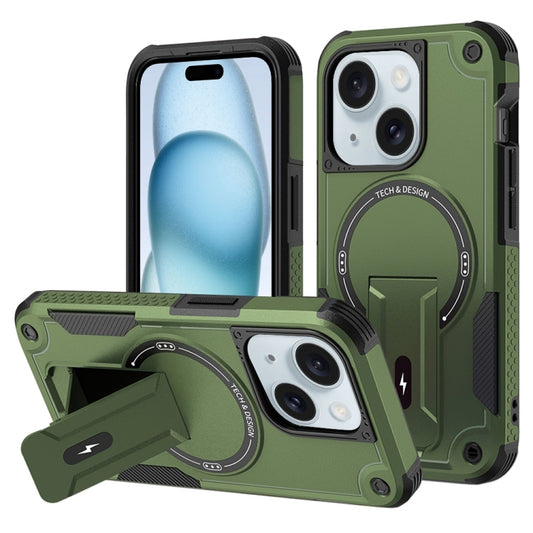 For iPhone 15 Armor Magsafe Holder PC Hybrid TPU Phone Case(Army Green) by buy2fix