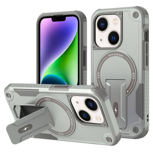 For iPhone 14 Plus Armor Magsafe Holder PC Hybrid TPU Phone Case(Grey) by buy2fix