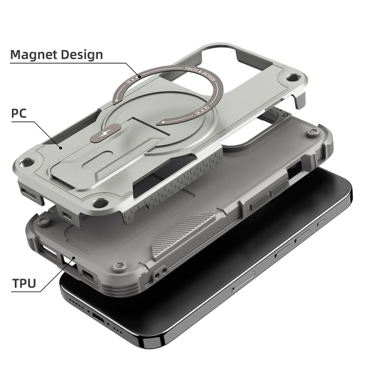 For iPhone 14 Plus Armor Magsafe Holder PC Hybrid TPU Phone Case(Grey) by buy2fix