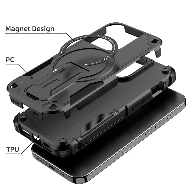 For iPhone 14 Armor Magsafe Holder PC Hybrid TPU Phone Case(Black) by buy2fix