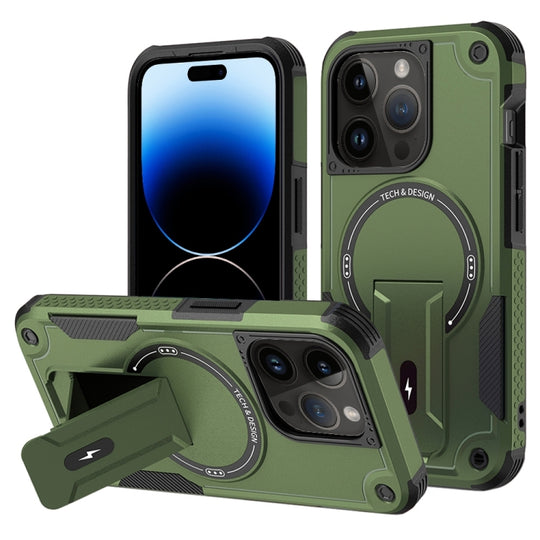 For iPhone 14 Pro Max Armor Magsafe Holder PC Hybrid TPU Phone Case(Army Green)