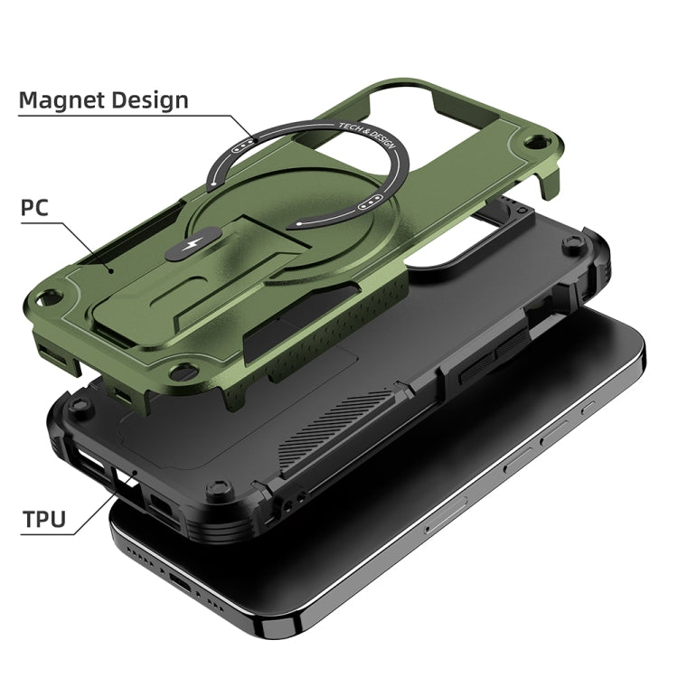 For iPhone 12 Pro Max Armor Magsafe Holder PC Hybrid TPU Phone Case(Army Green) by buy2fix