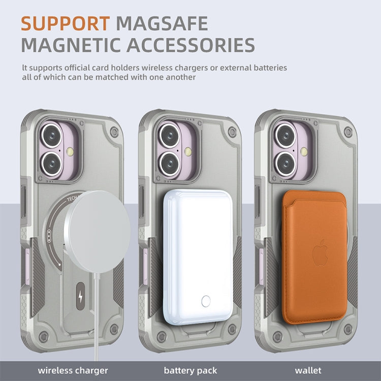 For iPhone 16 Armor Magsafe Holder PC Hybrid TPU Phone Case(Grey) - iPhone 16 Cases by buy2fix | Online Shopping UK | buy2fix