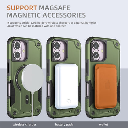 For iPhone 16 Armor Magsafe Holder PC Hybrid TPU Phone Case(Army Green) - iPhone 16 Cases by buy2fix | Online Shopping UK | buy2fix