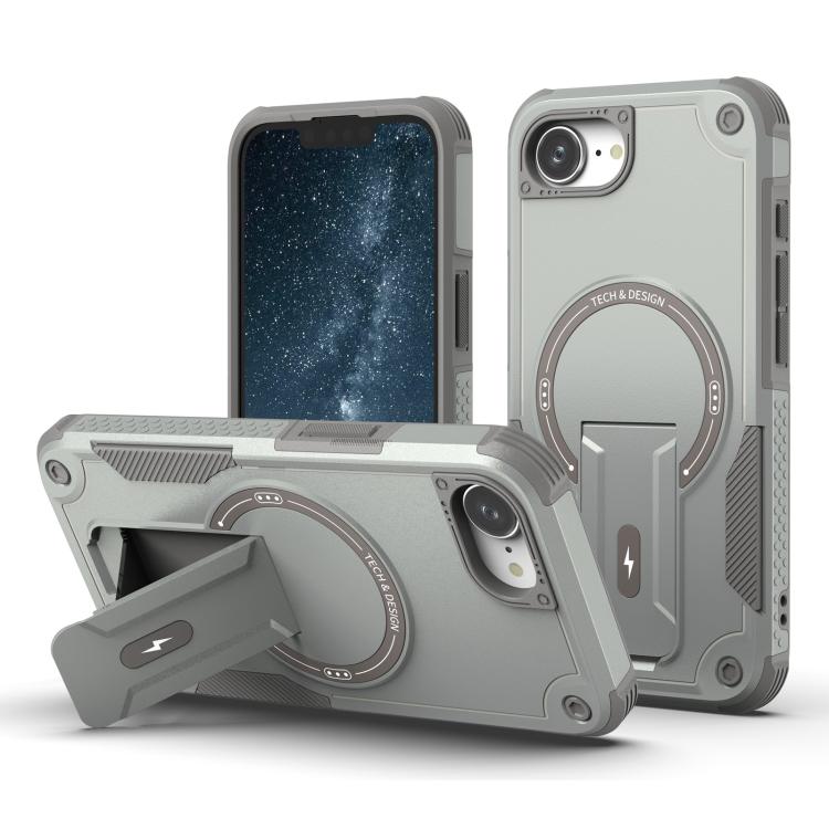 For iPhone 16e Armor Magsafe Holder PC Hybrid TPU Phone Case(Grey) - iPhone 16e Cases by buy2fix | Online Shopping UK | buy2fix