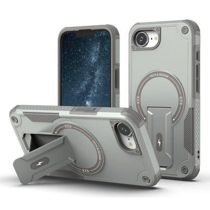 For iPhone 16e Armor Magsafe Holder PC Hybrid TPU Phone Case(Grey) - iPhone 16e Cases by buy2fix | Online Shopping UK | buy2fix