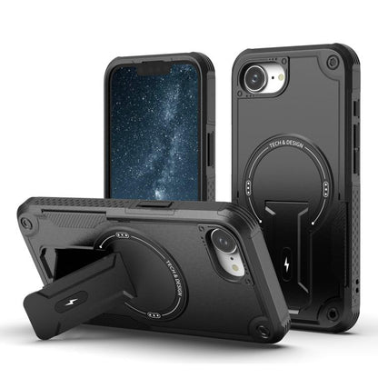 For iPhone 16e Armor Magsafe Holder PC Hybrid TPU Phone Case(Black) - iPhone 16e Cases by buy2fix | Online Shopping UK | buy2fix