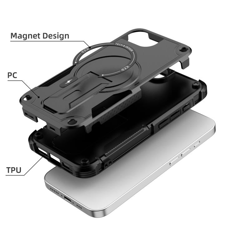 For iPhone 16e Armor Magsafe Holder PC Hybrid TPU Phone Case(Black) - iPhone 16e Cases by buy2fix | Online Shopping UK | buy2fix