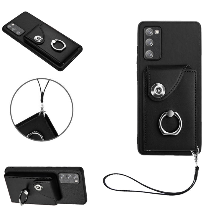 For Samsung Galaxy S20 FE Organ Card Bag Ring Holder PU Phone Case with Lanyard(Black) by buy2fix