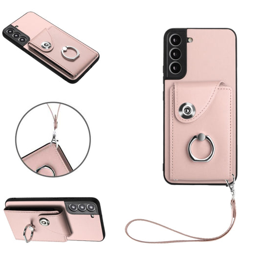 For Samsung Galaxy S22+ 5G Organ Card Bag Ring Holder PU Phone Case with Lanyard(Pink)