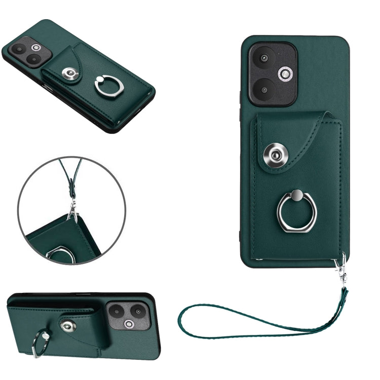 For Xiaomi Redmi 13C 5G / Redmi 13R Organ Card Bag Ring Holder PU Phone Case with Lanyard(Green) - 13C Cases by buy2fix | Online Shopping UK | buy2fix