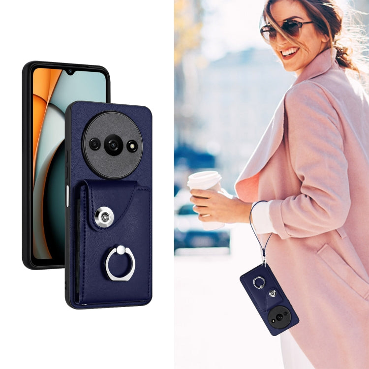 For Xiaomi Redmi A3 4G Organ Card Bag Ring Holder PU Phone Case with Lanyard(Blue) - Xiaomi Cases by buy2fix | Online Shopping UK | buy2fix