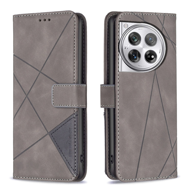 For OnePlus 12 5G BF05 Magnetic Buckle Rhombus Texture Leather Phone Case(Grey) by buy2fix