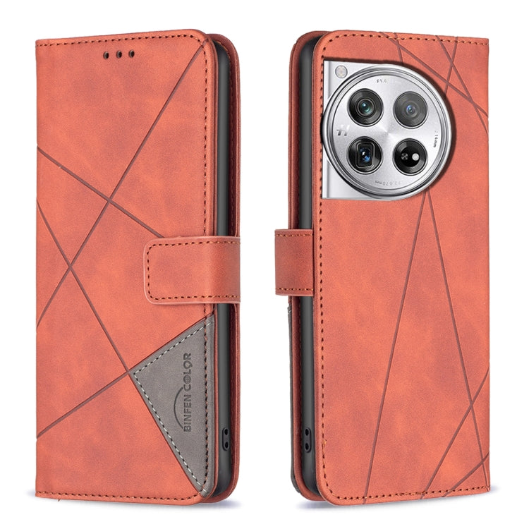 For OnePlus 12 5G BF05 Magnetic Buckle Rhombus Texture Leather Phone Case(Brown) by buy2fix