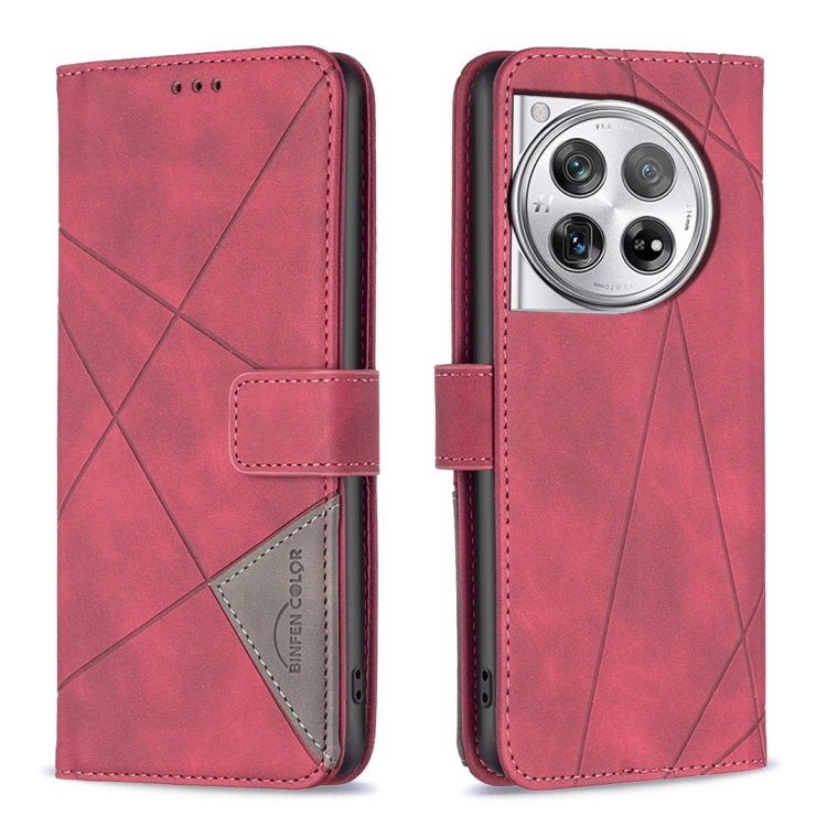 For OnePlus 12 5G BF05 Magnetic Buckle Rhombus Texture Leather Phone Case(Red) by buy2fix