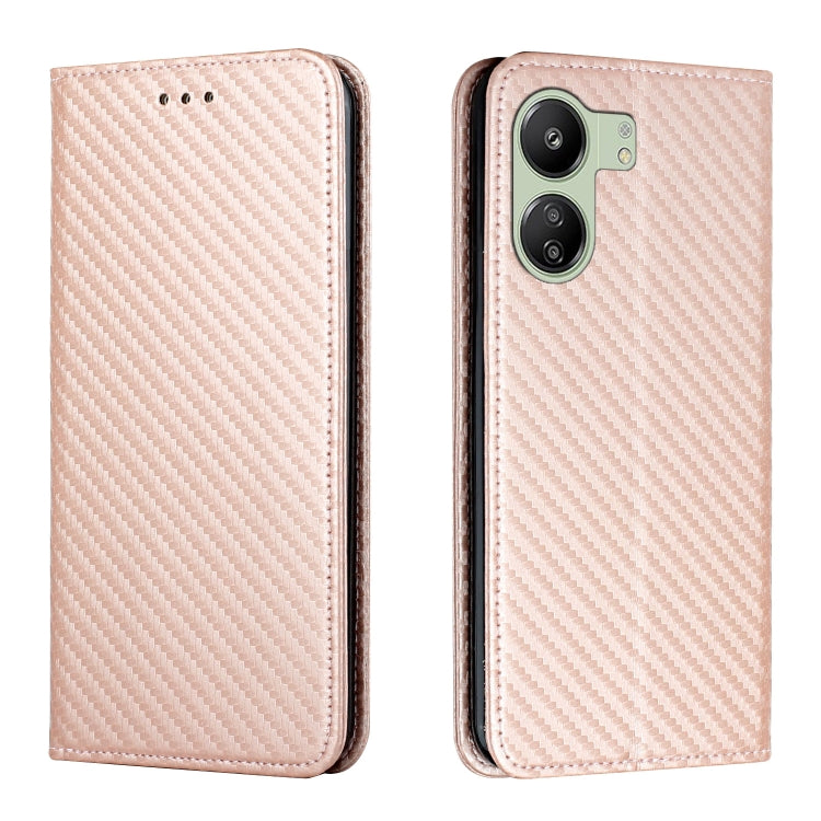 For Xiaomi Redmi 13C Carbon Fiber Texture Flip Holder Leather Phone Case(Rose Gold) - 13C Cases by buy2fix | Online Shopping UK | buy2fix