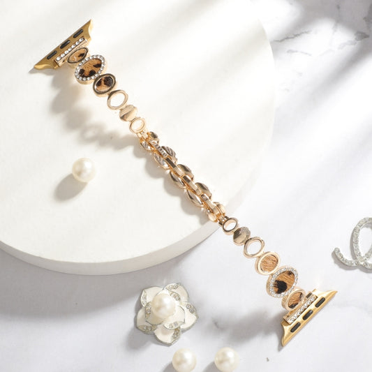 For Apple Watch SE 2023 44mm Leopard Rhinestones Metal Chain Watch Band(Gold) by buy2fix