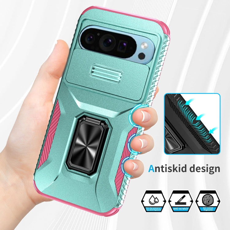 For Google Pixel 9 / Pixel 9 Pro Sliding Camshield Holder Phone Case(Grey Green + Pink) - Google Cases by buy2fix | Online Shopping UK | buy2fix