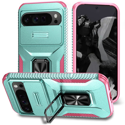 For Google Pixel 9 Pro XL Sliding Camshield Holder Phone Case(Grey Green + Pink) - Google Cases by buy2fix | Online Shopping UK | buy2fix