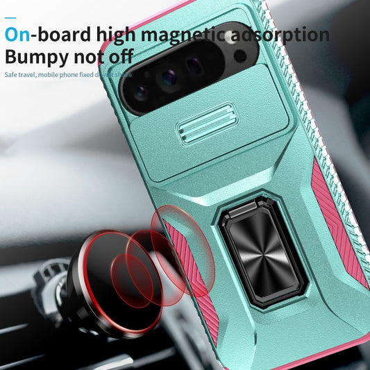 For Google Pixel 9 Pro XL Sliding Camshield Holder Phone Case(Grey Green + Pink) by buy2fix