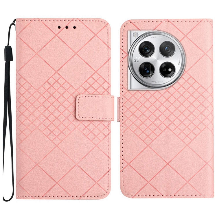 For OnePlus 12 5G Global Rhombic Grid Texture Leather Phone Case(Pink) - OnePlus Cases by buy2fix | Online Shopping UK | buy2fix