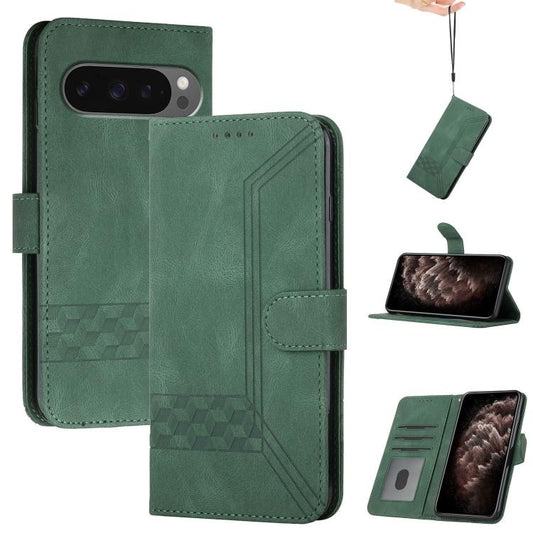 For Google Pixel 10 Pro XL Cubic Skin Feel Flip Leather Phone Case(Green) - Google Cases by buy2fix | Online Shopping UK | buy2fix