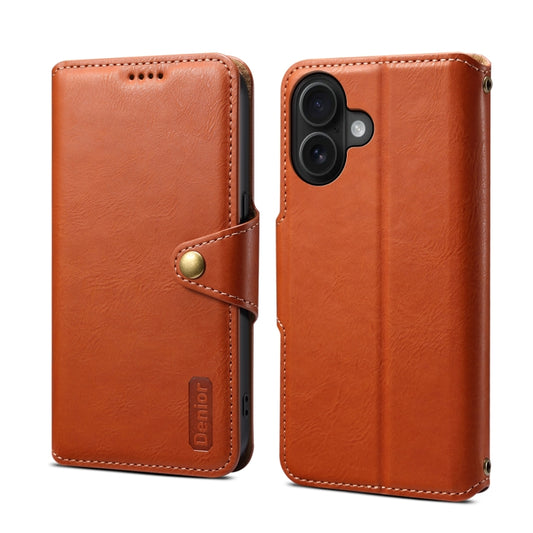 For iPhone 16 Denior Cowhide Texture Wallet Style Leather Phone Case(Brown) - iPhone 16 Cases by Denior | Online Shopping UK | buy2fix