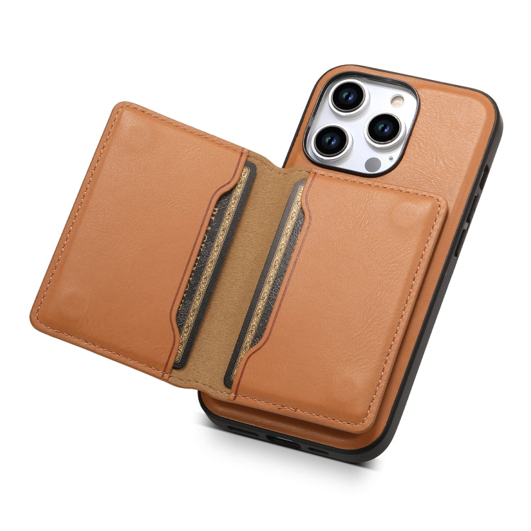 For iPhone 15 Plus Denior Cowhide Texture Leather MagSafe Detachable Wallet Phone Case(Khaki) - iPhone 15 Plus Cases by Denior | Online Shopping UK | buy2fix