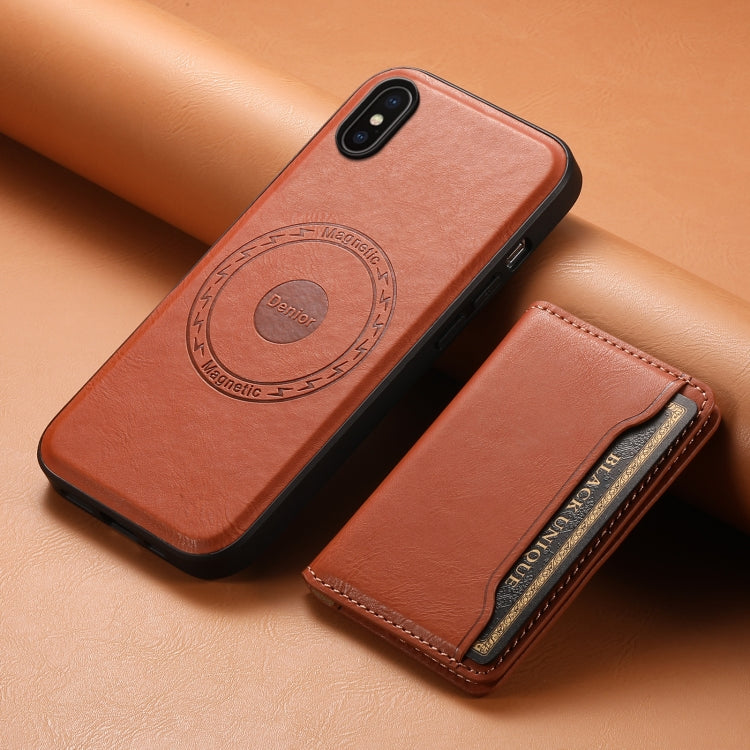 For iPhone X / XS Denior Cowhide Texture Leather MagSafe Detachable Wallet Phone Case(Brown) - More iPhone Cases by Denior | Online Shopping UK | buy2fix