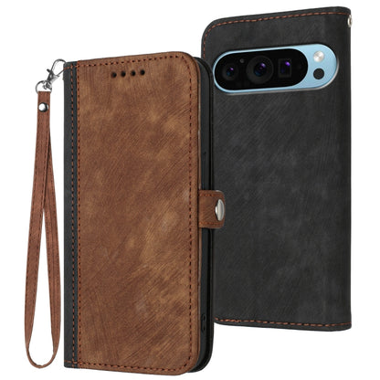 For Google Pixel 9 Pro Side Buckle Double Fold Hand Strap Leather Phone Case(Brown) - Google Cases by buy2fix | Online Shopping UK | buy2fix