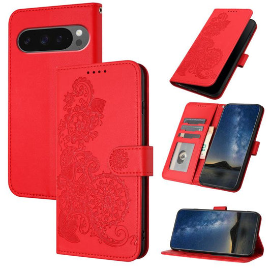 For Google Pixel 10 Pro XL Datura Flower Embossed Flip Leather Phone Case(Red) - Google Cases by buy2fix | Online Shopping UK | buy2fix