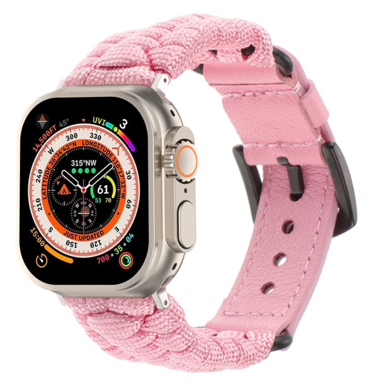 For Apple Watch Ultra 2 49mm Plain Paracord Genuine Leather Watch Band(Pink)