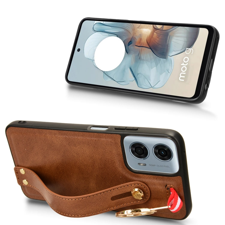 For Motorola Moto G Play 5G 2024 Wristband Leather Back Phone Case(Brown) - Motorola Cases by buy2fix | Online Shopping UK | buy2fix