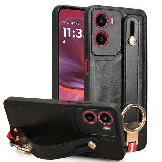 For Motorola Moto G05 / E15 4G Wristband Leather Back Phone Case(Black)
