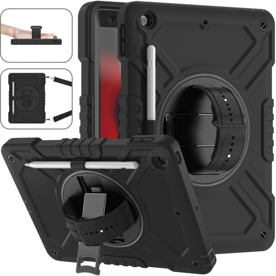 For iPad 10.2 2021 / 2020 / 2019 X Rotation PC Hybrid Silicone Tablet Case with Strap(Full Black)