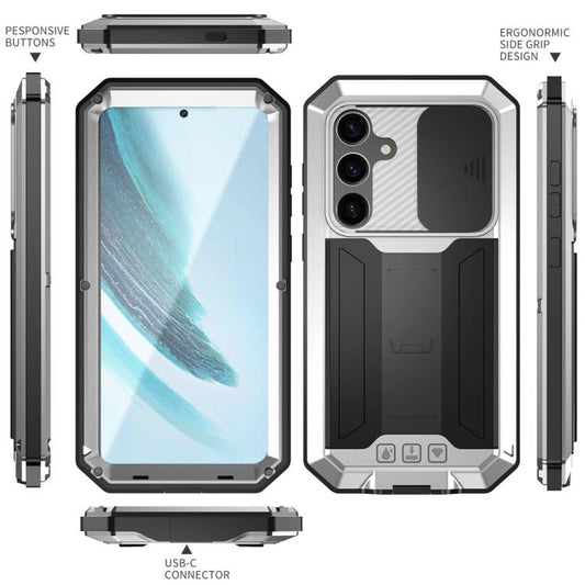 For Samsung Galaxy S25+ 5G R-JUST Sliding Camera Life Waterproof Holder Phone Case(Silver) - Galaxy S25+ 5G Cases by R-JUST | Online Shopping UK | buy2fix