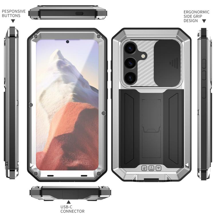 For Samsung Galaxy S25 5G R-JUST Sliding Camera Life Waterproof Holder Phone Case(Silver) - Galaxy S25 5G Cases by R-JUST | Online Shopping UK | buy2fix
