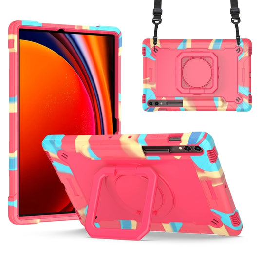 For Samsung Galaxy Tab S9 FE+ / S9+ Handle Robot Silicone Hybrid PC Tablet Case(Camouflage Rose Red)