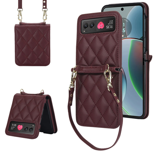 For Motorola Razr 40 Rhombic Texture Phone Case with Long & Short Lanyard(Wine Red) - Motorola Cases by buy2fix | Online Shopping UK | buy2fix