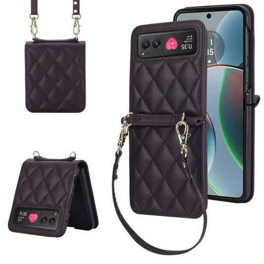 For Motorola Razr 40 Rhombic Texture Phone Case with Long & Short Lanyard(Dark Purple) - Motorola Cases by buy2fix | Online Shopping UK | buy2fix