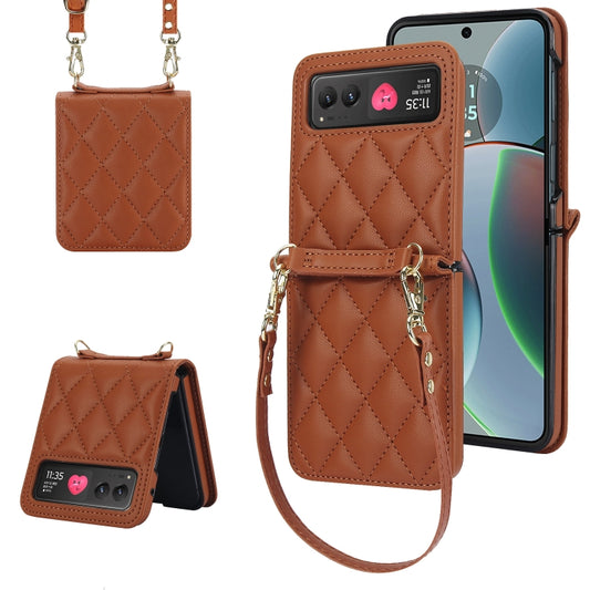 For Motorola Razr 40 Rhombic Texture Phone Case with Long & Short Lanyard(Brown) - Motorola Cases by buy2fix | Online Shopping UK | buy2fix