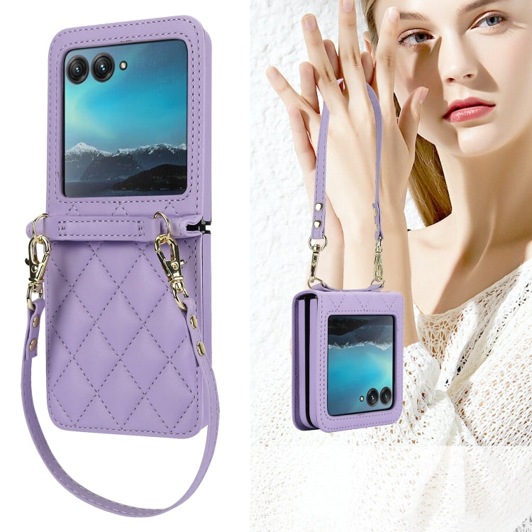 For Motorola Razr 40 Ultra Rhombic Texture Phone Case with Long & Short Lanyard(Light Purple) by buy2fix