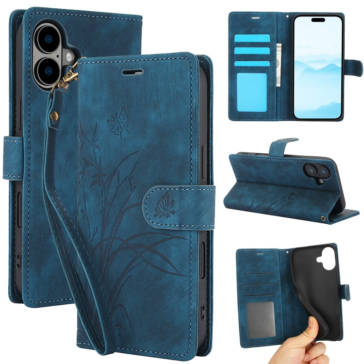 For iPhone 16 Orchid Butterfly Embossed Leather Phone Case(Blue) by buy2fix